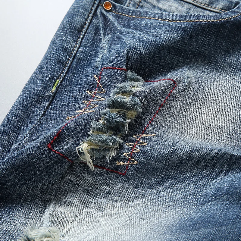 Облегающие джинсовые шорты мужские брендовые рваные летние капри Мужская мода байкерские повседневные эластичные потертые рваные синие джинсовые шорты