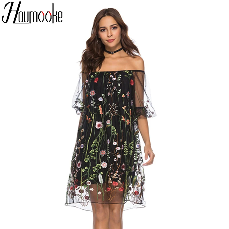 

Houmk 2019 Summer Black Dresses Fashion Animal Phoenix Embroidery Mini Dress Sexy Party Robe Dress Off Shoulder Gauze Vestidos