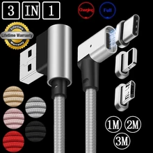 1 м 2 м 3 м 3в1 90 угловая Магнитная USB-C type-C/IOS/Micro USB кабель для зарядки и передачи данных для Apple iPhone X 8 7 6 6s Xiaomi samsung S6 S7