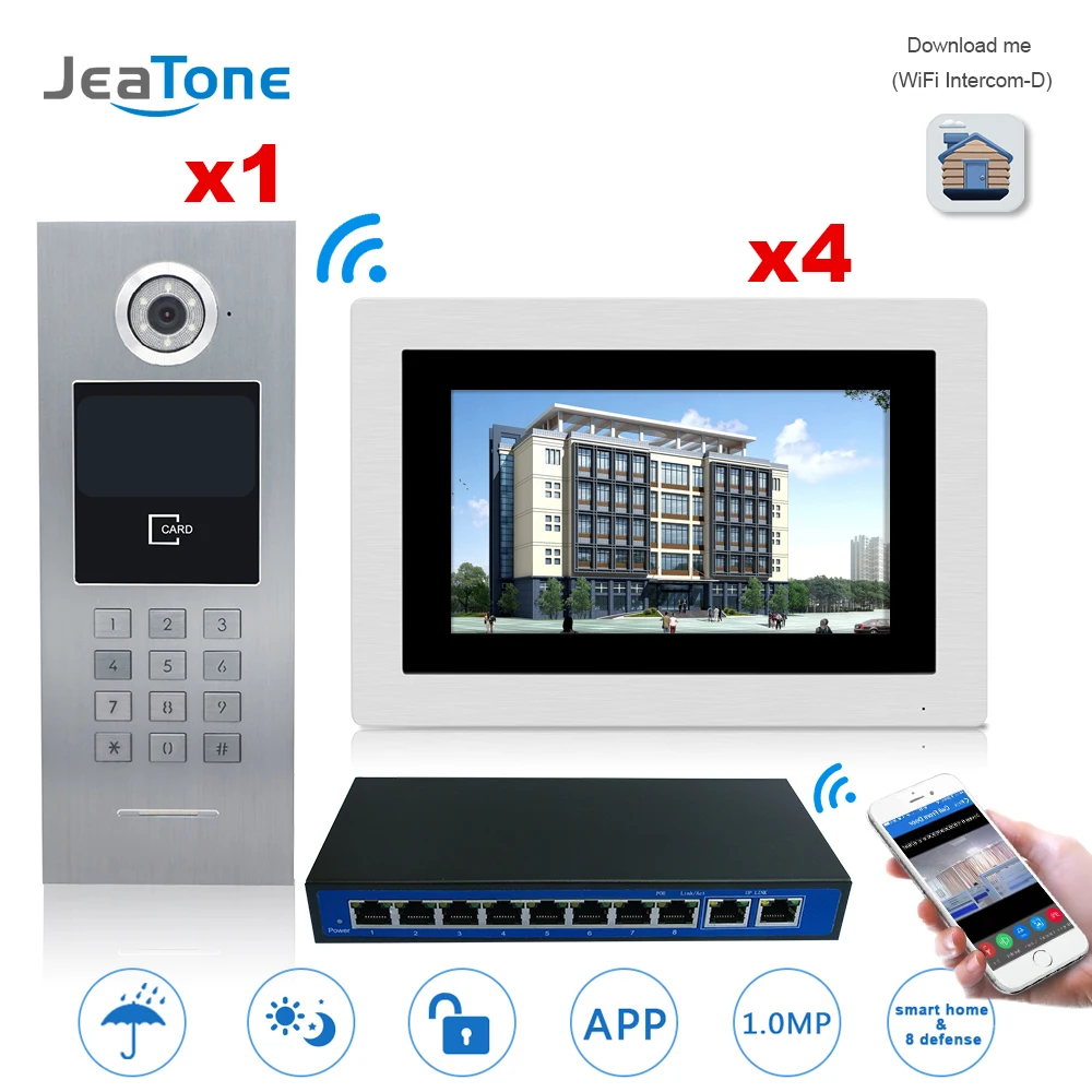 7'' Touch Screen WIFI IP Video Door Phone Intercom +Switch 4 Floors Building Access Control System Support Password/IC Card