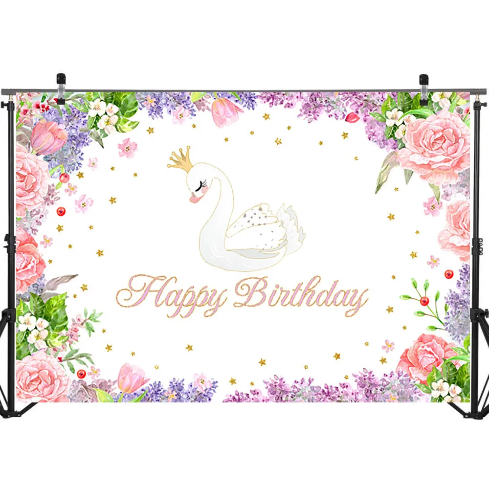 White Cute Swan Birthday Backdrop Purple Pink Flower Photo Background Girl's Party Dessert Table Photographic Props Backdrops