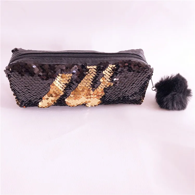 School Pencil Case Reversible Sequin Hairball PencilCase For Girls Bts Stationery Gift Cute Pencil Box Kawaii Student Supplies - Цвет: Black gold