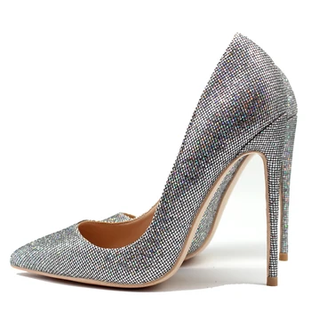 

2019 New Bling Bling Silver Glitter Wedding Shoes Women Pumps 8cm/10cm/12cm Thin High Heels Genuine Leather Stilettos Big Size45