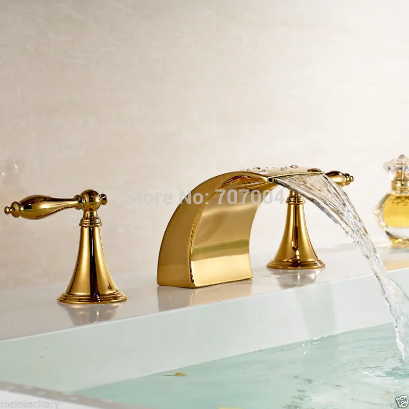 Free Shipping Wholesale And Retail luxury Deck Mounted Widespread Golden 3 pcs Bathroom Basin Faucet Dual