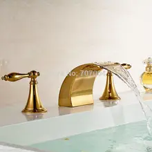 Free Shipping Wholesale And Retail luxury Deck Mounted Widespread Golden 3 pcs Bathroom Basin Faucet Dual