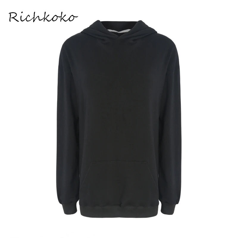 Richkoko Women Casual Solid Black Hoodie Sweatshirt Loose