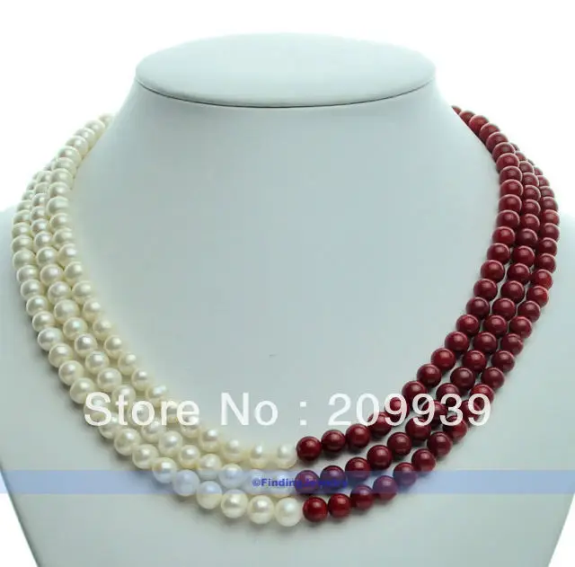 

huij 002622 17" 3 Strands White Freshwater Pearl Red Coral Necklace