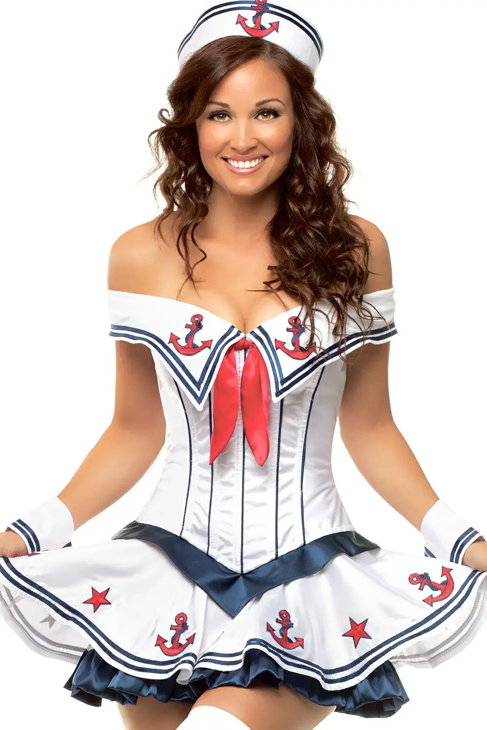 Women-Adult-Halloween-Cosplay-Costume-Sailor-navy-Dress-Ladies-Bow-Deep-White-Sleeveless-School-Girls-Uniform