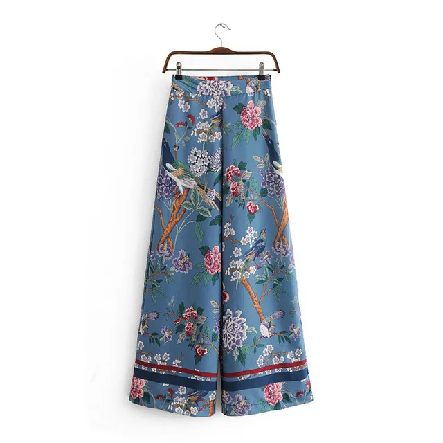 European and American women's clothing Autumn high waist flower and bird print wide leg pants Straight blended trousers European and American women's clothing Autumn high waist flower and bird print wide leg pants Straight blended trousers