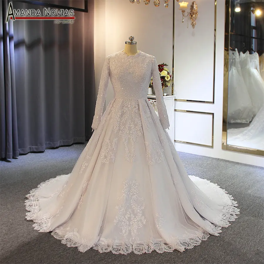 New design muslim wedding dress with all cover lace muslim bridal
