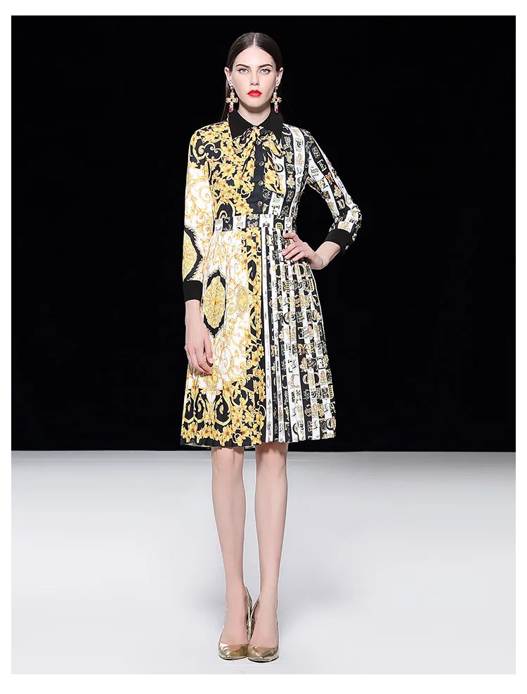 Arc Mode Neck De Grand Robe Pour Plissée Piste Turn Manches Style down Baroque Robes La Rue Partie Patchwork Pleine 87xqPE