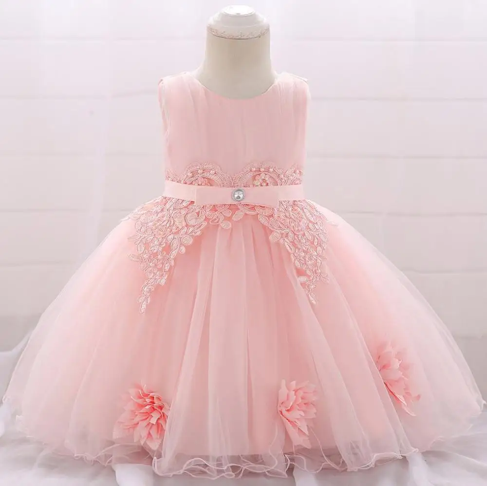 Новое кружевное платье с бриллиантами для маленьких девочек Детские праздничные платья на день рождения для детей возрастом от 3 до 24 месяцев, Высококачественная Крестильная одежда для малышей - Цвет: pink