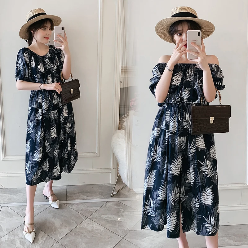 

1937# Blue Floral Print Chiffon Maternity Straight Dress Large Size Loose Ties Waist Slim Clothes for Pregnant Women Pregnancy