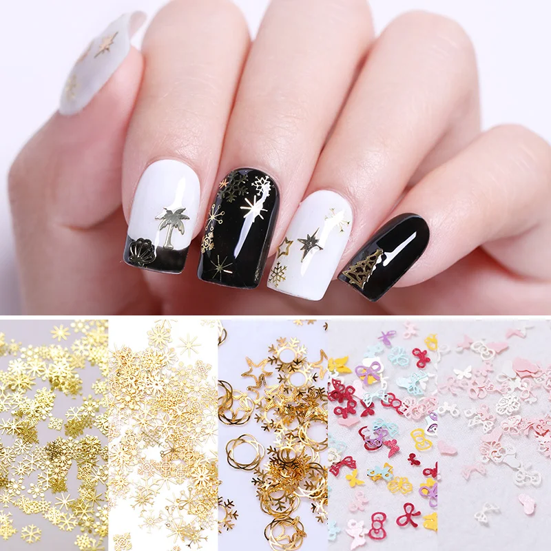 

Nail Art 3D Decorations Ultra Thin Gold Metal Slices Butterfly Moon Snowflake Christmas Mixed Patterns DIY Nail Decors
