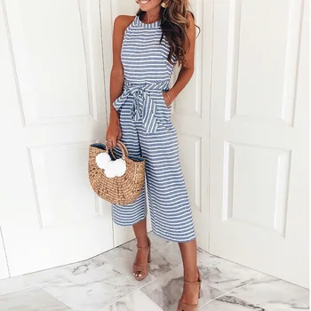 

2018 NEW Women Summer O-neck Bowknot Pants Playsuit Sashes Pockets Sleeveless RompersSexy Office Lady Striped Jumpsuits