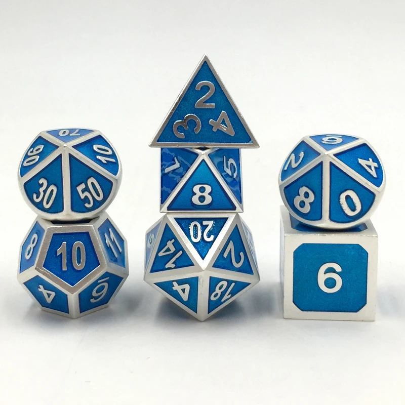 

Build Your Own Dice Set - Silver with Blue DND Metal Dice D4 D6 D8 D10 D% D12 D20
