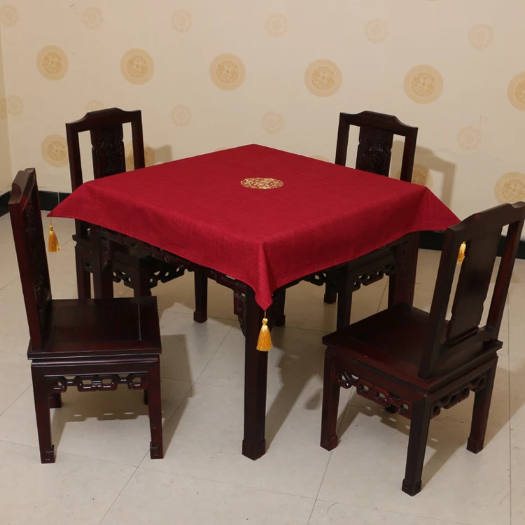 

Fine Embroidered Lucky Table Cloth Dining protective Mats High End Luxury Chinese style Tassel Natural Linen Cotton Table Covers