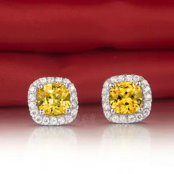 

Excellent Design 3CT/Piece Cushion Style Earrings Yellow Simulate Diamond Solid 18K White Gold Earrings Stud For Women Wedding