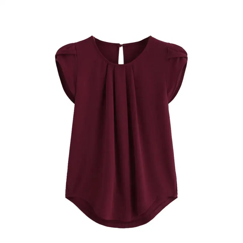  Fashion Women Summer Chiffon Solid Pure Basic Soft Short Sleeve Office Lady Button Casual Daily Blouses Elegant Tops #4F11  (3)