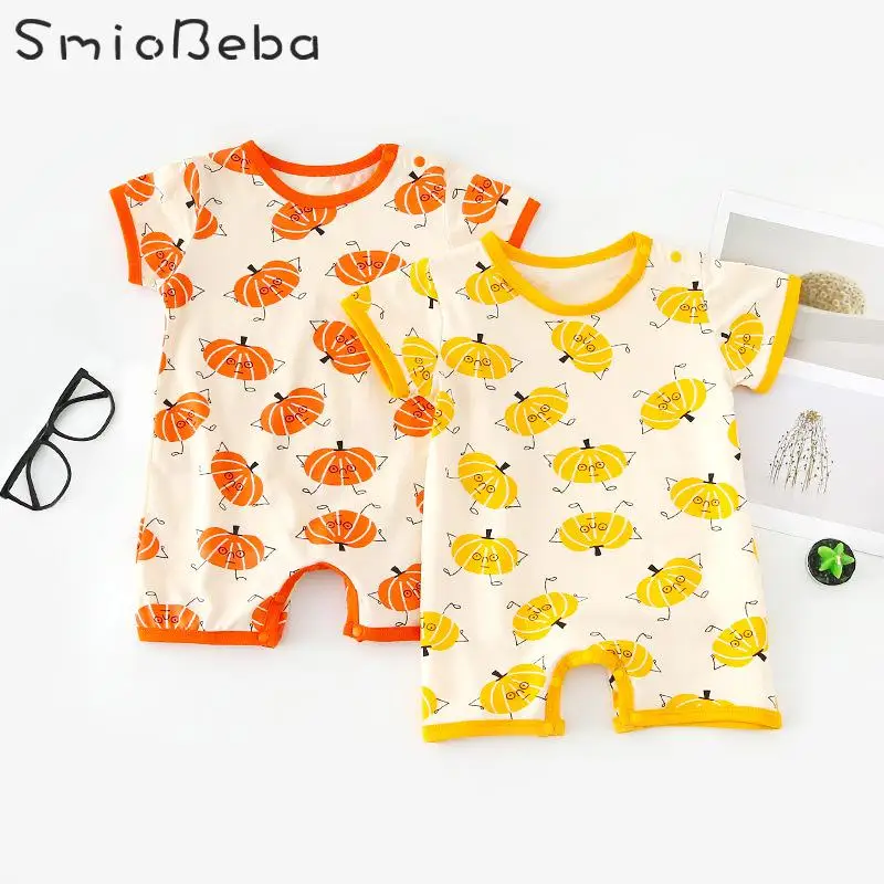 

Summer Baby's Boys Girls Jumpsuit, Pumpkin Printing Kids Flat-horned Breathable Crawling Short Sleeve Rompers Baby Girl Overalls