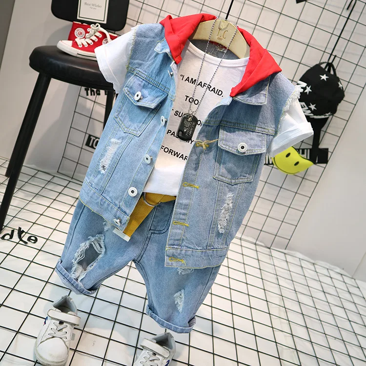 

3pcs boys summer clothing set kids denim patchwork holes vest white letter printed t shirt and ripped short set baby clothes 2-7
