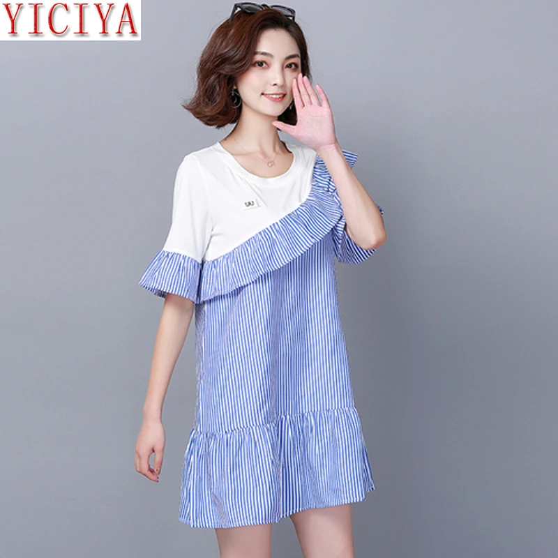 

Blue T Shirt Mini Short Dress Cotton Women Plus Size Large 3xl 4xl 5xl Ruffles Striped 2019 Summer Tshirt Dresses Clothing