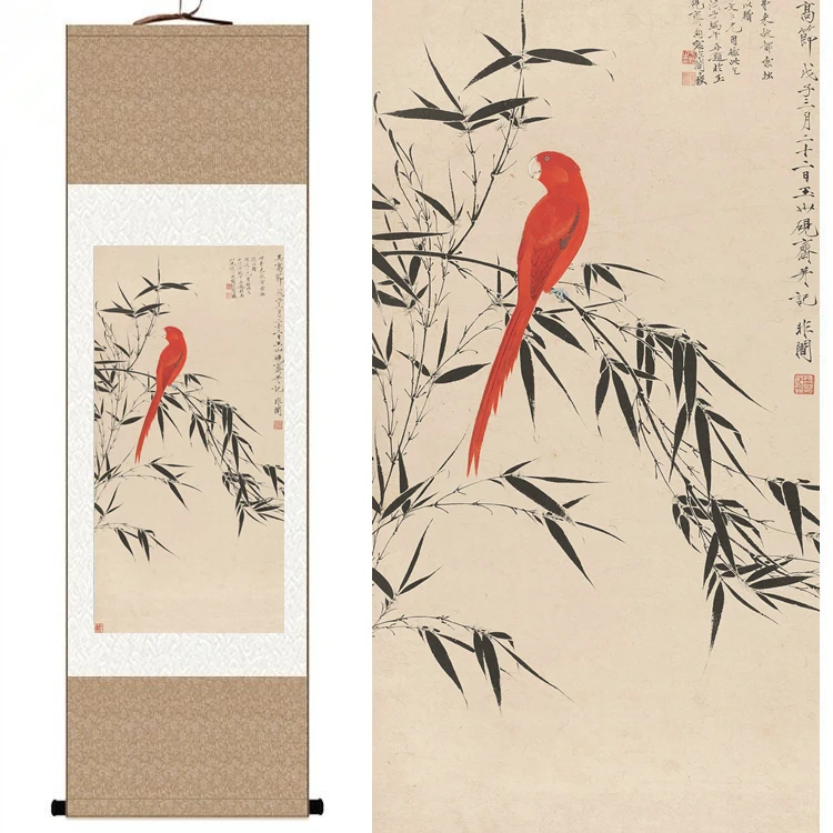Chinese Silk watercolor flower and birds ink red parrot bamboo feng