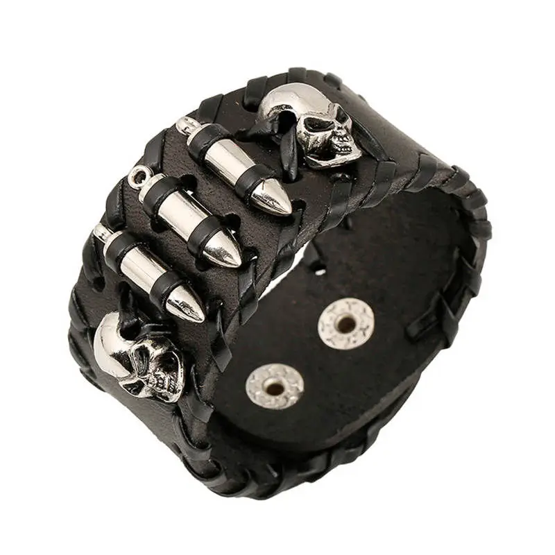 

Punk Men Bracelets Hip Hop Skeleton Head Bullets Leather Bracelet Wide Skull Biker Viking Bangles Cowboy Men Jewelry Gift