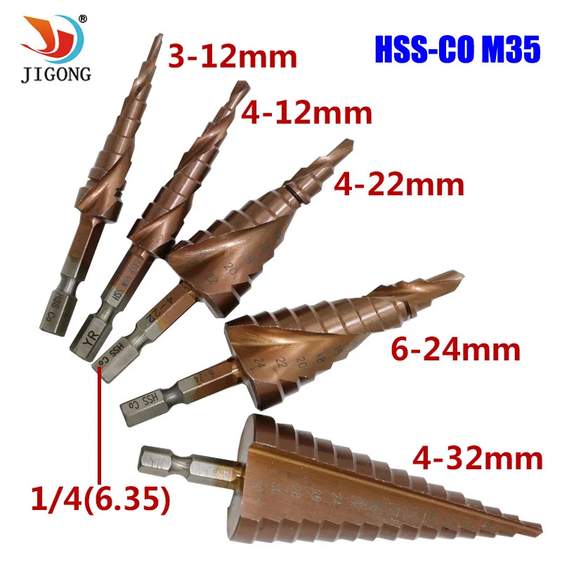JIGONG HSS-CO M35 Hexagonal Shank Spiral Groove Step Drill Bit Metal Cone Step Drill Bit Stainless Steel Hole Saw Hole Cutter