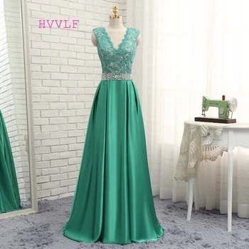 

HVVLF Green Evening Dresses 2019 A-line V-neck Cap Sleeves Beaded Lace Elegant Long Evening Gown Prom Dress Prom Gown