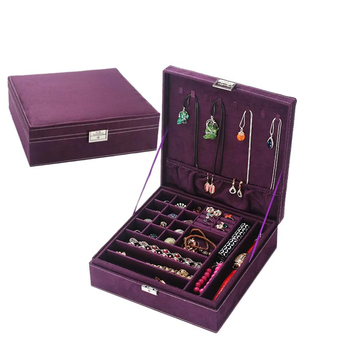 Большая Лучшая модная фланелевая квадратная шкатулка для ювелирных изделий простая раскладка 2 слоя органайзер для макияжа колье кольцо ожерелье коробка для хранения - Цвет: purple