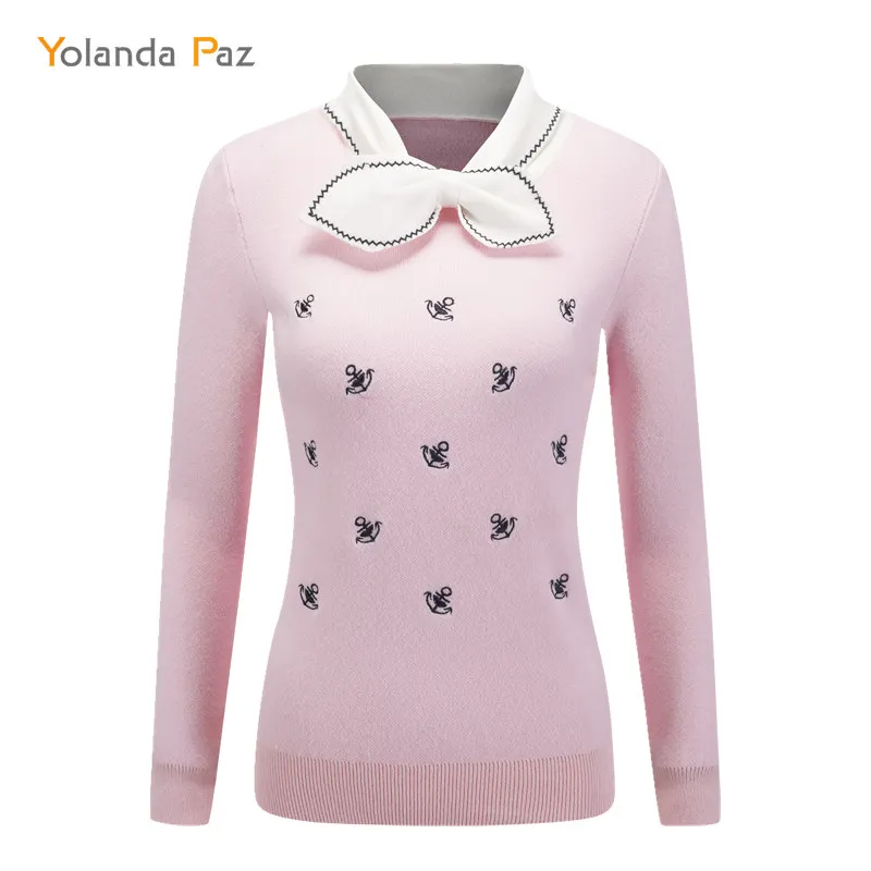 

Yolanda Paz 2019 autumn winter women sweet Slim V-Neck Bow decoration embroidery long sleeve knitted sweater cute girl pullover