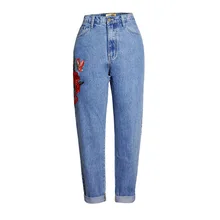 Джинсы женские бойфренды женские джинсы с высокой талией 3d Цветочная вышивка женские прямые джинсовые брюки низ