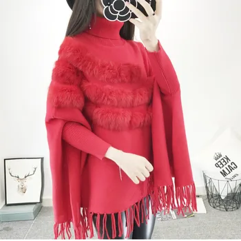 

LANMREM Turtleneck Sweater Women's Pullovers Cloak Shawl Type Bat Sleeve autumn Tassel Knitting Tops Vestido FA285
