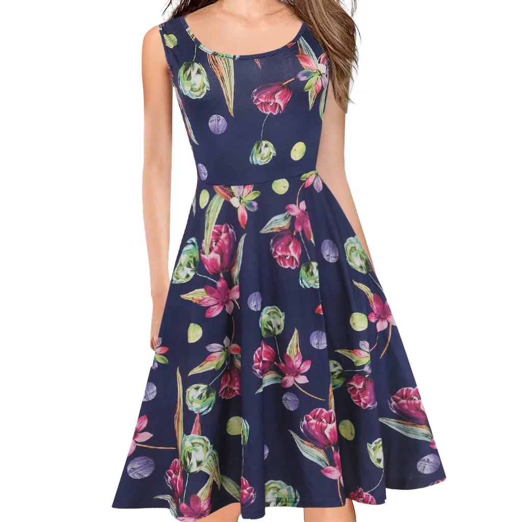 

Summer Beach Dress Vintage Floral printing O-Neck Sleeveless For Woman Dress Elegant Vestidos De Verano Mujeres 2019#TT