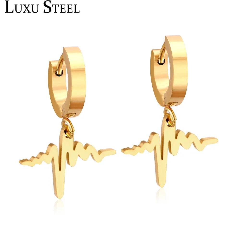 

LUXUSTEEL Dortor Gift Stainless Steel Heartbeat EGC Pendants Gold/Silver Color Hoop Earrings For Women/Girl Daily Wear Collier