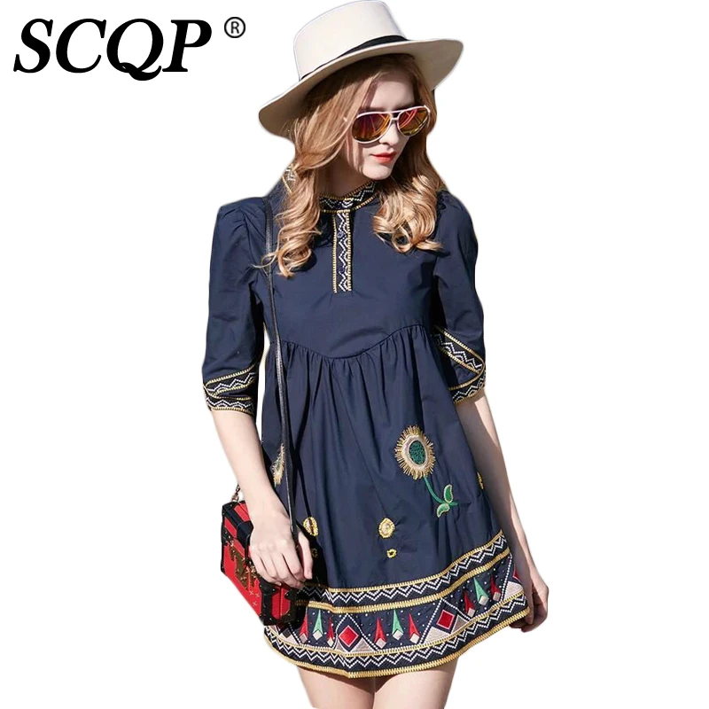 Scqp геометрическая вышивка white summer beach dress дамы свободные ethnic work fashion vintage a-line 2017