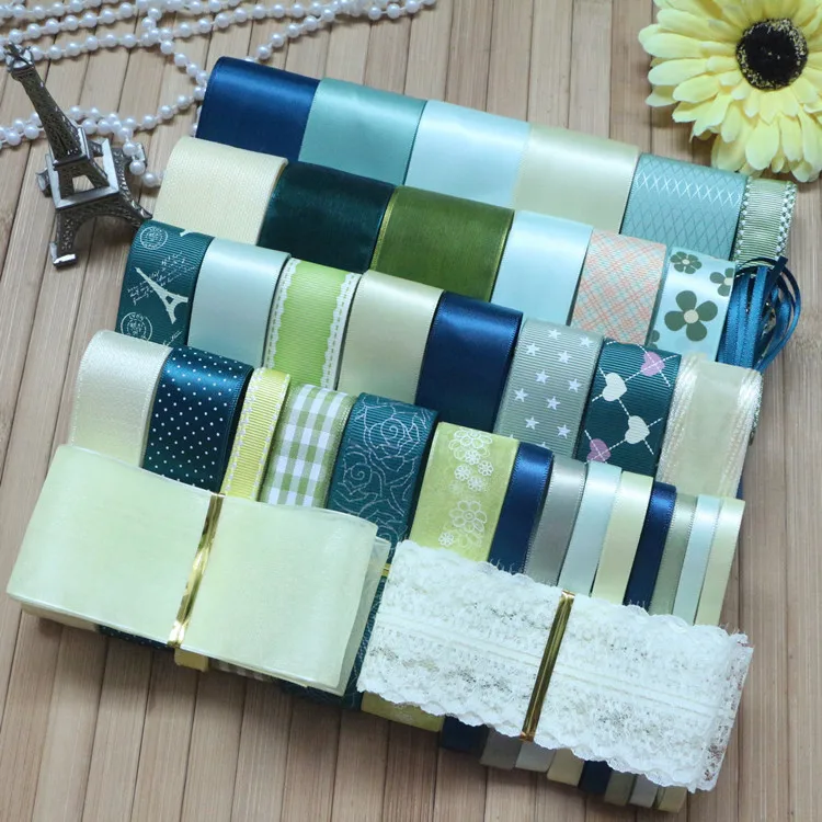 NEW STYLE DIY ribbon sent yellow green color mix DIY ribbon set total 38 yards