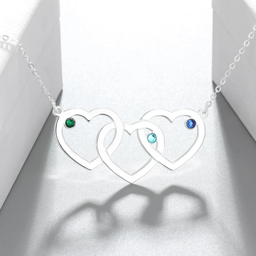 Personalized Intertwined Hearts Necklace with 3 Birthstones 925 Sterling Silver Custom Name Engraved Pendant (JewelOra NE102402) - Image 6