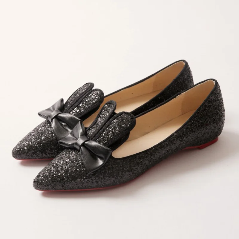 De Lapin Oreilles silver Black Appartements Mocassins Femme La Casual Noir Taille Glitter Bateau A57 Tissu Chaussures Bowtie Plus Femmes 32 48 A57 Argent Paillettes IXY7qB