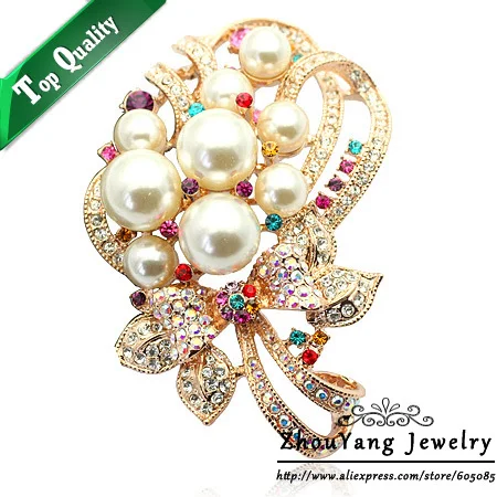 

ZHOUYANG ZYX003 Elegant Flower Imitation Imitation Pearl Rose Gold Color Brooches Austrian Crystal Wholesale