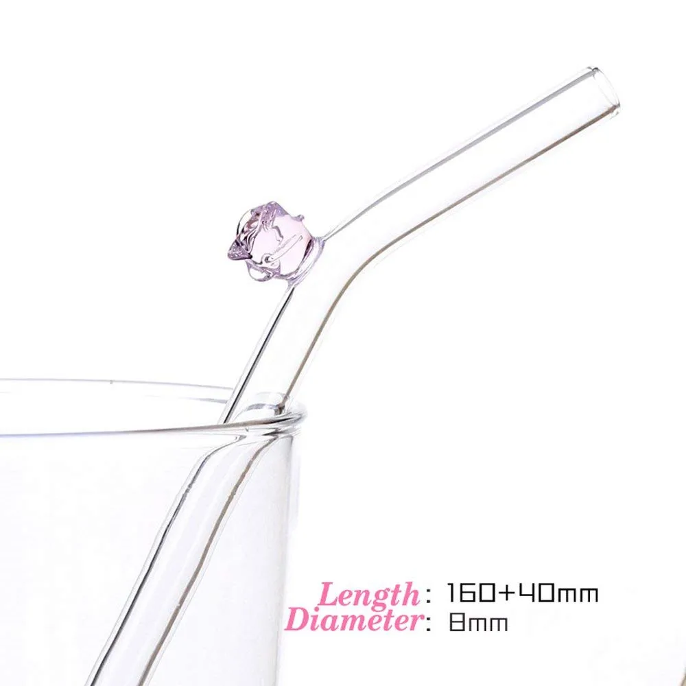 Rose Glass Straws Clear Bent Drinking Straws, 20cm X 8mm Set of 6 with 2 Cleaning Brushes, Eco Friendly, BPA Free, Very Sturdy, Milkshake, Tea, Juice, Water, Essential Oils (3 Color)01
