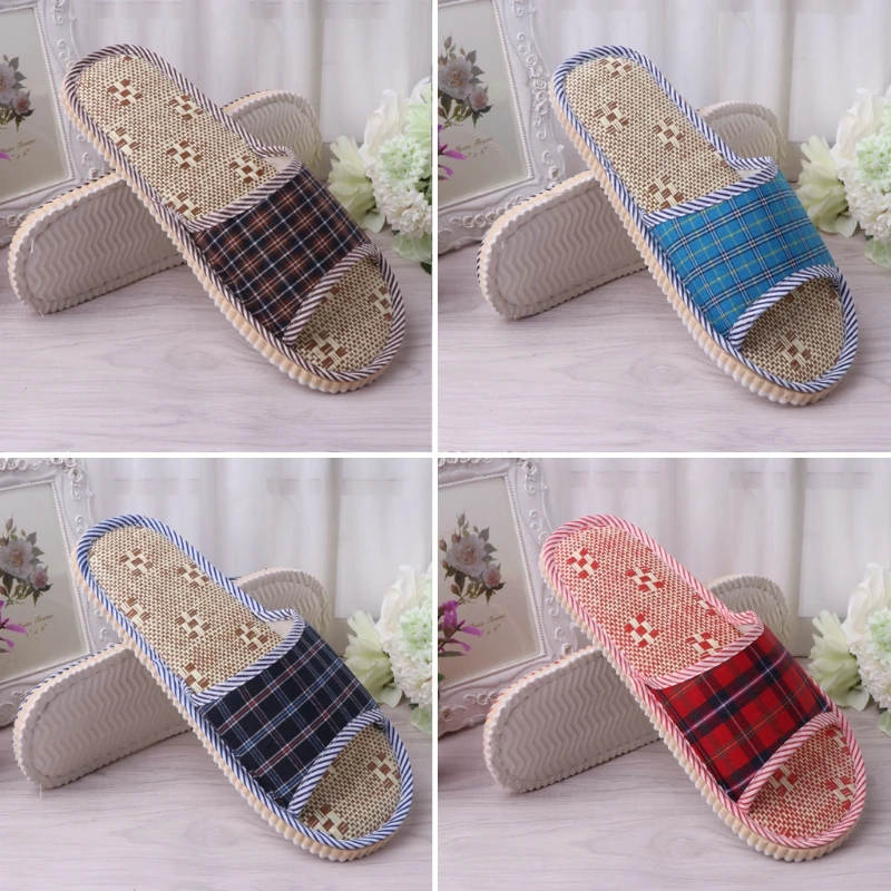 

THINKTHENDO Unisex Linen Flax Plaid House Flat Slipper Indoor Home Cozy Open Toe Scuffs