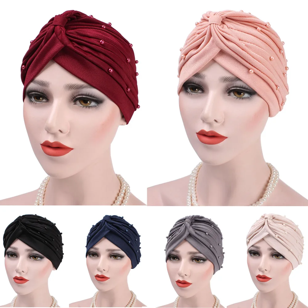 

Women Beaded Pleated Turban Hats Solid Color Slouchy Elastic Hair Head Wrap Cap HATQD0061