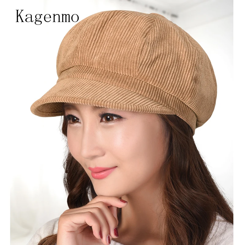 

Kagenmo Fashion Women Autumn Octagonal Hat Corduroy Casual Female Cap Winter Outdoor Keep Warm Corduroy Short Brim Visor