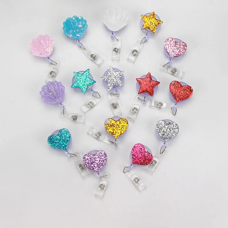 Resin Lovely Heart Shell Design Nurse Retractable Badge Reel Pull ID Card 3D Badge Holder Belt Clip Hospital School Office K151