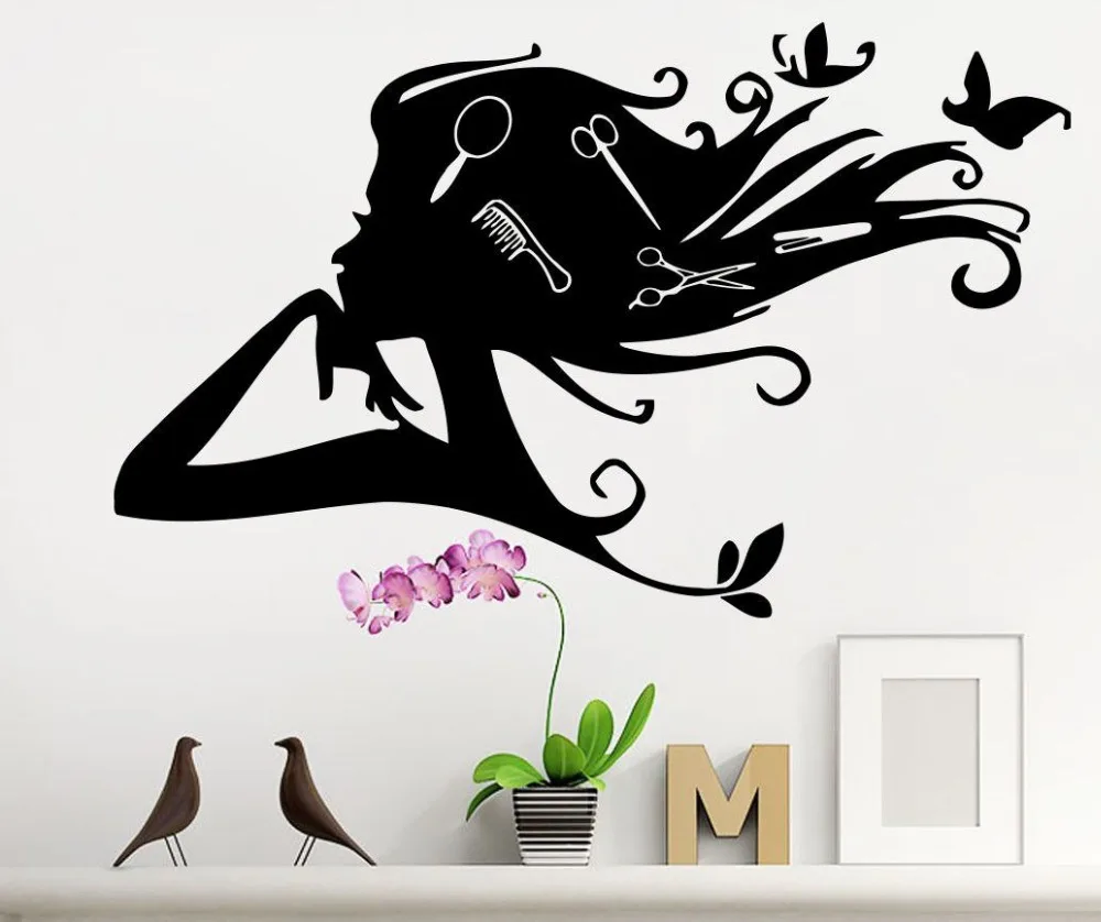 

Beauty Salon Wall Decals Scissor Combs Vinyl Sticker Hairdressing Salon Shop Removable Window Beauty Poster Decoration WW-99