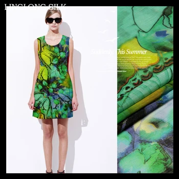 

SILK LINEN FABRIC 14m/m Width 55"-140cm 30%Silk Fabric+70%Linen Fabric Dresses Material Fabric Meter Green Flower Print Silk