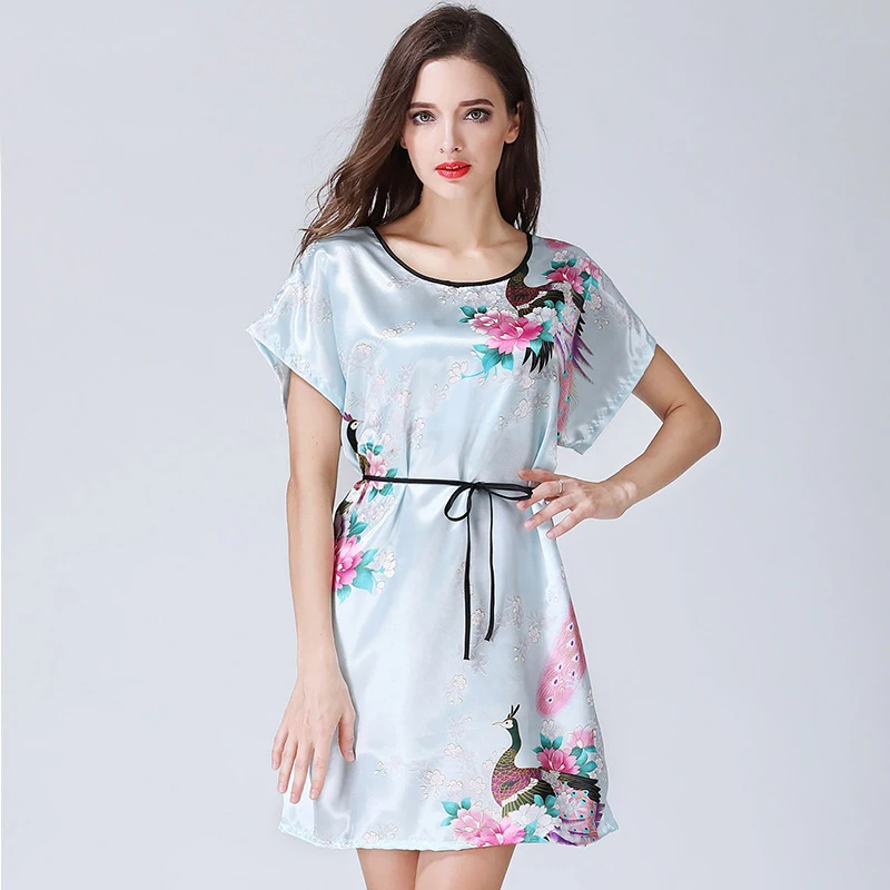 Женская атласная ночная рубашка с цветочным принтом и павлином|sleepwear women|women satinsatin