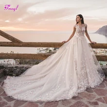 Vestido de Noiva с глубоким круглым декольте расшитые бисером цветы трапециевидной формы свадебные платья Великолепные Аппликации корт Поезд Кружева Свадебное платье принцессы